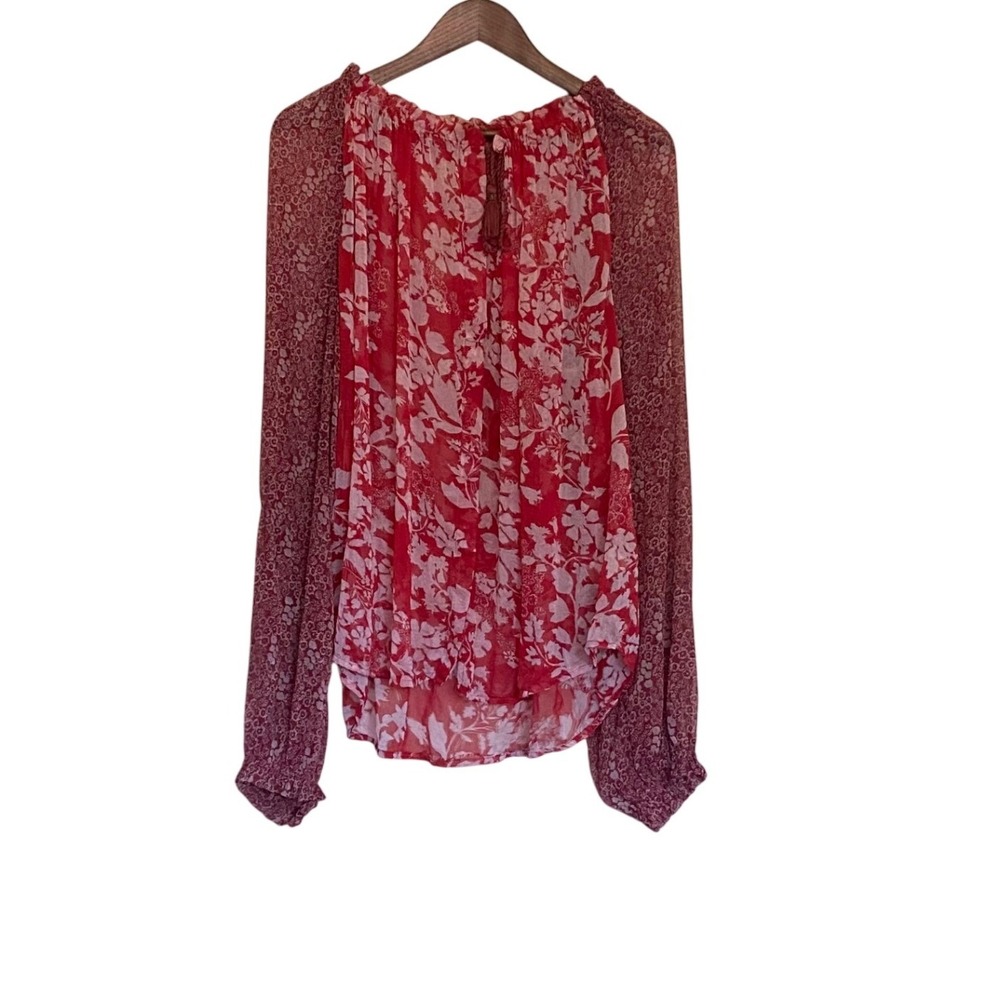 Free People Red Floral Sheer Peasant Blouse Long Balloon Sleeve Tassel Tie Large